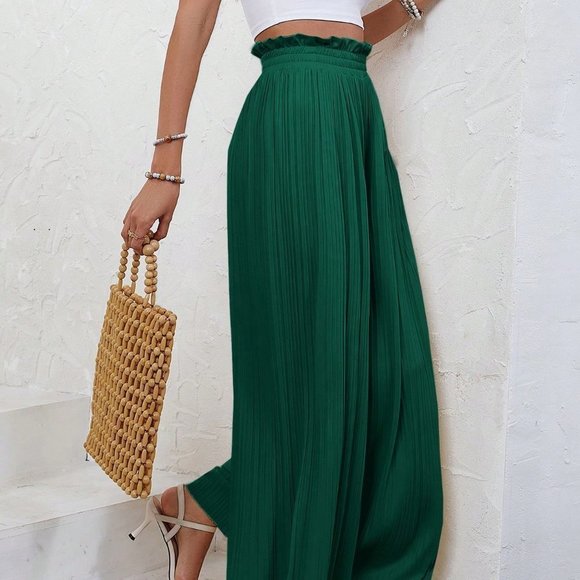 Green Boho Womens Paperbag Waist Pleated Wide Leg Pants - Picture 2 of 5